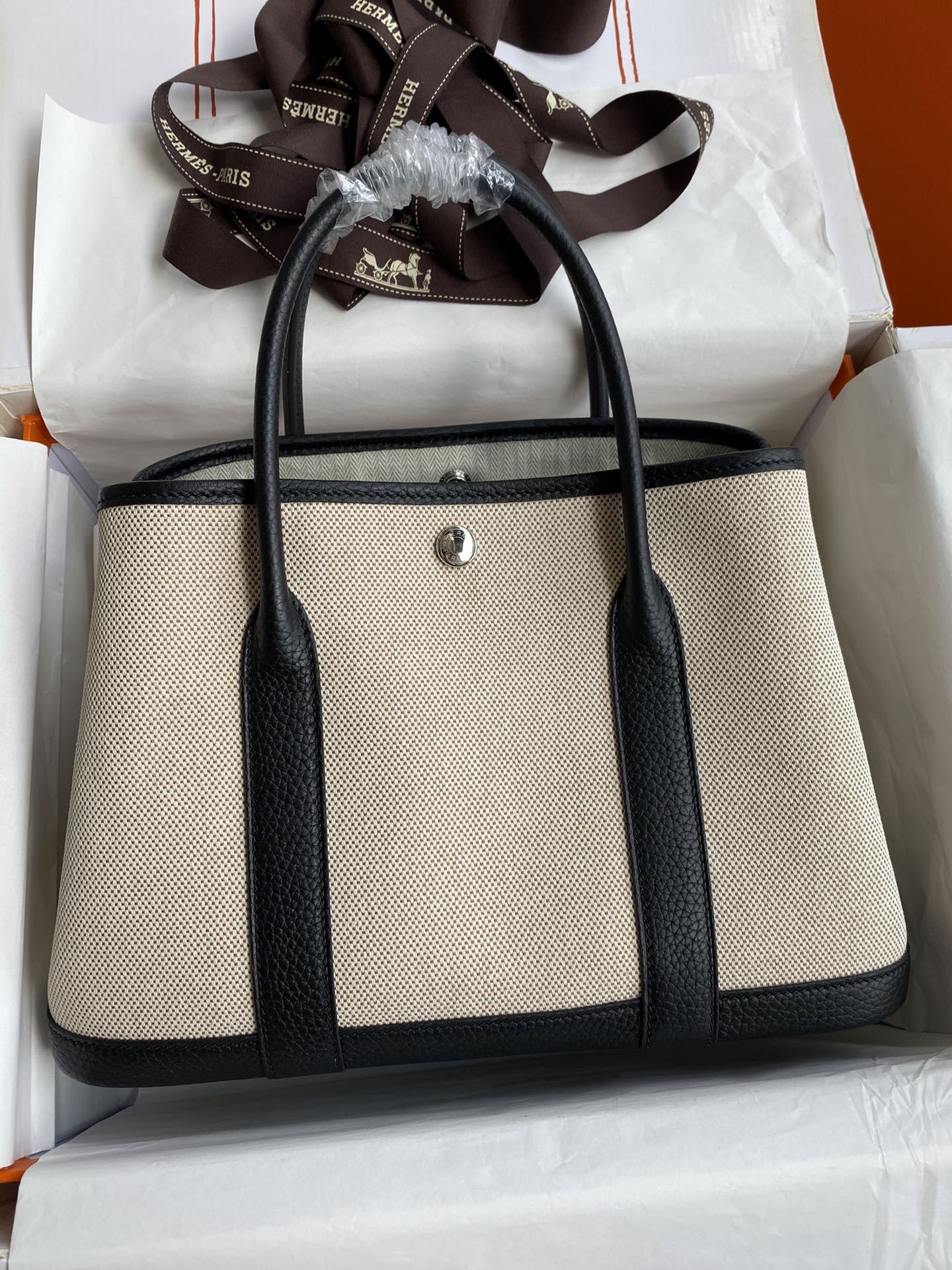 Hermes Garden Party 30cm Canvas Tote Handbag In Black Clemence Leather